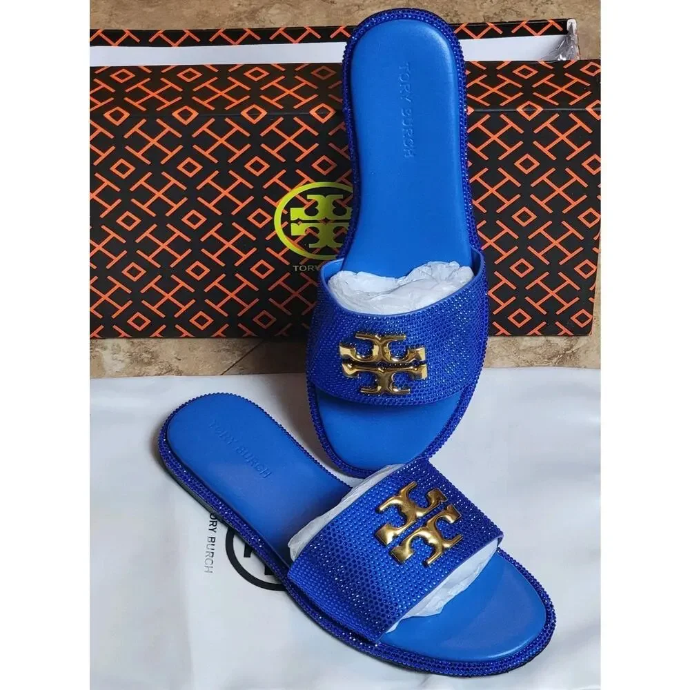 Womens Blue Leather Rhinestone Bling Flats Sz 8 39 Sandals Gold Decor Slides New